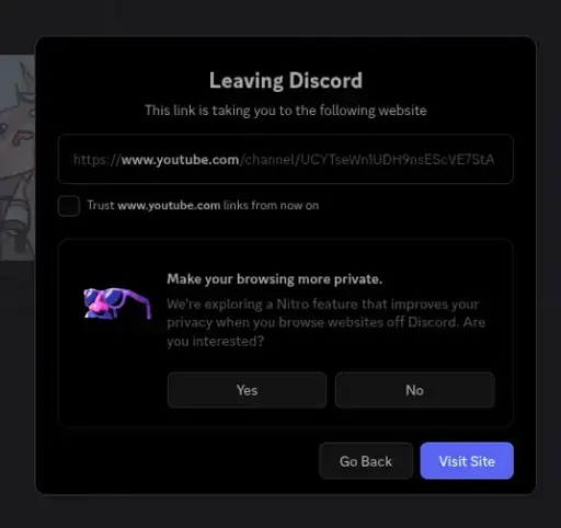 A 'Leaving Discord' prompt with an info suggesting a nitro feature to users that improves their "privacy" when browsing websites off Discord.