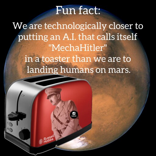 An image of mars with a toaster in front of it. The toaster has an image of Hitler with his armband edited to the Grok logo. A white text reads: "Fun fact: We are technologically closer to putting an A.I. that calls itself 'MechaHitler' in a toaster than we are to landing humans on mars."