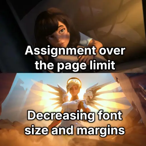 Angel saving girl meme template. Top text: "Assignment over the page limit". Bottom text: "Decreasing font size and margins"