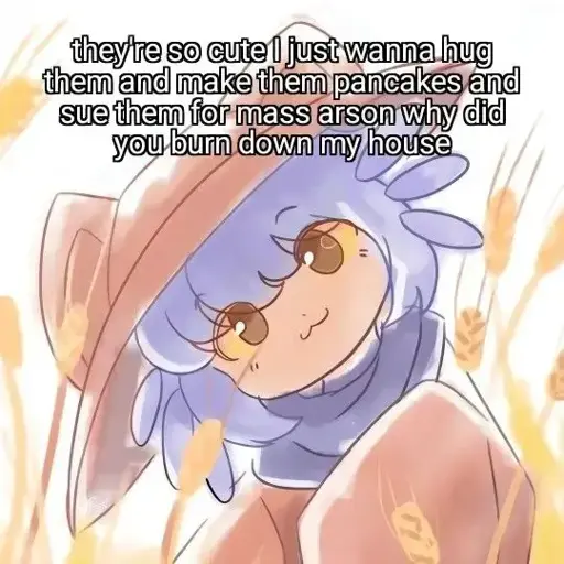 Are of Niko from Oneshot looking gooferly at the viewer captioned with: "they're so cute I just wanna hug them and make them pancakes and sue them for mass arson why did you burn down my house".