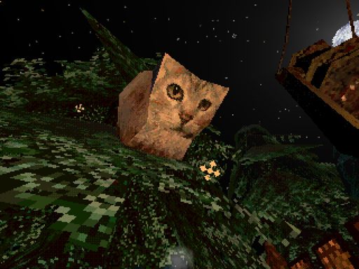 A screenshot of Midnight Creak showing a 3d model of my cat Kichi sitting on a tree.