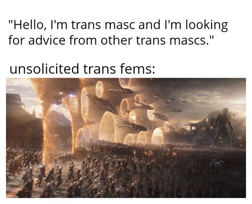 "Hello, I'm trans masc and I'm looking for advice from other trans mascs." Unsolicited trans fems: Below is a picture of the Marvel Endgame scene with thousands of Avengers coming out of portals. 