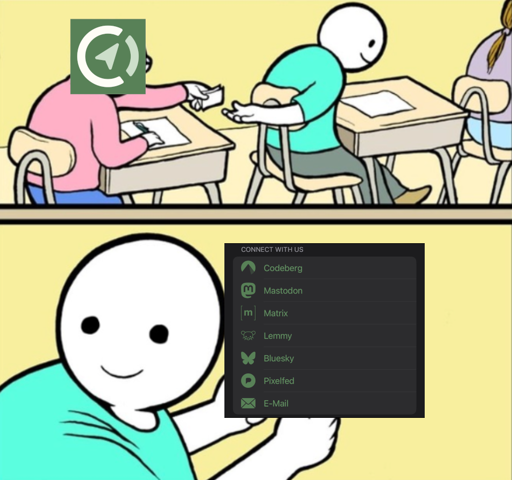 Wholesome note passing Comaps to person "List of supported social media platforms: Codeberg, Mastodon, Matrix, Lemmy, Bluesky and Pixelfed.