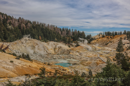 Various pools of turquoise or grey water with steam escaping from hydrothermal vents make up Bumpass Hell, an inhospitable landscape with the slight screaming sounds emanating all around it.  A boardwalk cuts along the pools for viewing up close.  Outside of the 'hell', evergreens grow in the corners of the frame.