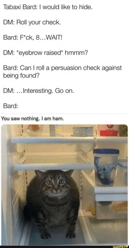 "Tabaxi Bard: I would like to hide. DM: Roll your check. Bard: Fuck, 8...WAIT! DM: *eyebrow raised* hmmm? Bard: Can I roll a persuasion check against being found? DM: ...Interesting. Go on. Bard: You saw nothing. I am ham." Picture of a cat hiding in a fridge
