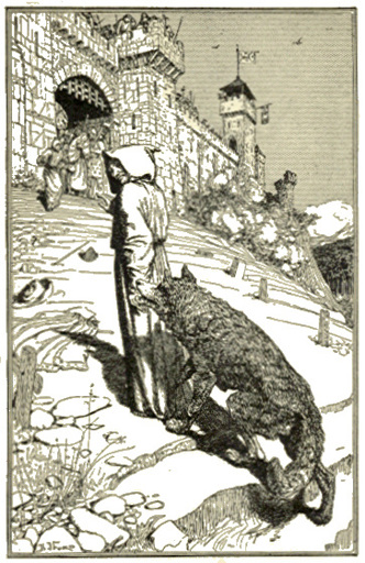 An illustration of St Francis of Assisi leading a wolf into Gubbio in Italy, with Medieval city walls.