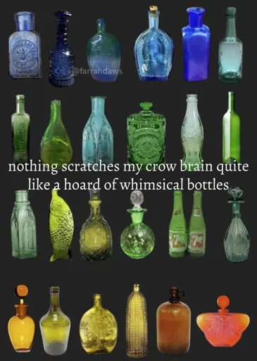 A number of colorful and interestingly shaped bottles with the text "nothing scratches my crow brain quite like a hoard of whimsical bottles"
