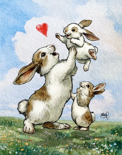 Parent bunny throwing baby bunny in the air with another baby playing too. All 3 are really happy