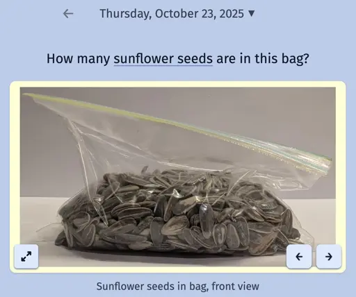 A screenshot of the daily game Estimate Me showing a picture of a bag filled with sunflower seeds