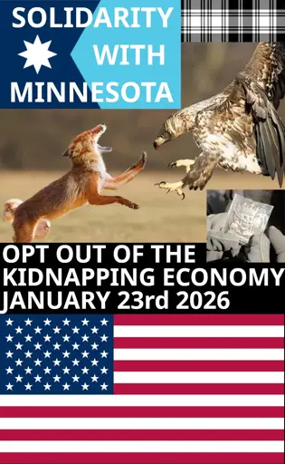 Solidarity With Minnesota. National Strike Blackout January 23rd. A fox fights an eagle. The plaid pattern from an abducted childz shirt. A photo of a metal token with a crowned skull and vultures (a trophy awarded ICE to kidnappers).