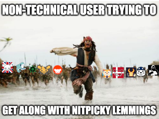 Jack Sparrow "Non-technical user trying to get along with nitpicky lemmings" being chased by an assortment of lemmy instances