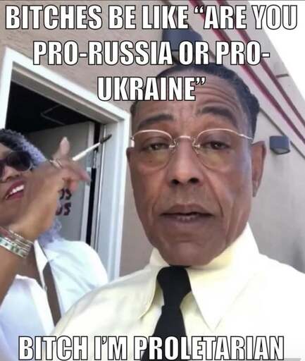 Picture of the actor Giancarlo Esposito captioned: "Bitches be like 'Are you pro-Russia or pro-Ukraine' Bitch I'm proletarian"