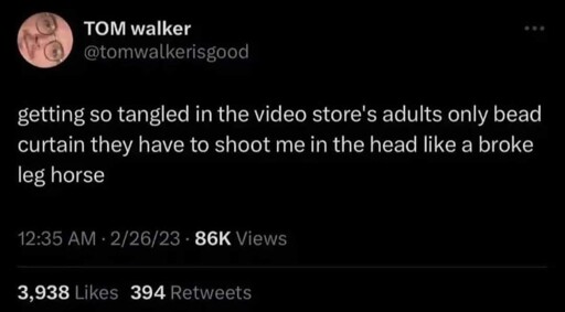 tweet. "getting so tangled in the video store's adult only bead curtain they have to shoot me in the head like a broke leg horse"