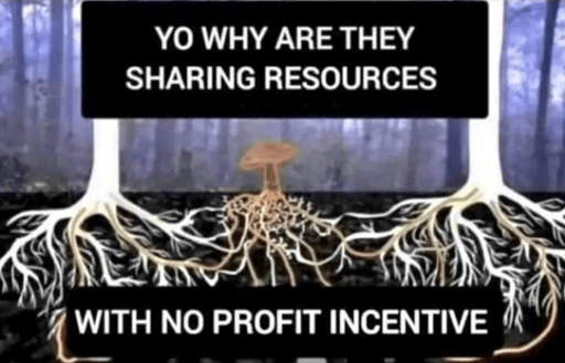 A deathcap mushroom flanked by two trees with interconnected roots. "Yo why are they sharing resources with no profit incentive"